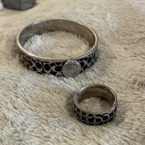 Coach Silver-Tone Bracelet and Ring Set with Black Logo Inlay